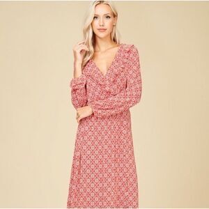 V-Neck Long Sleeve Midi Dress